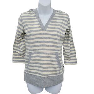 2/$20 Y2K Grey With Cream Colour Strips Top With Hoodie Size: Small